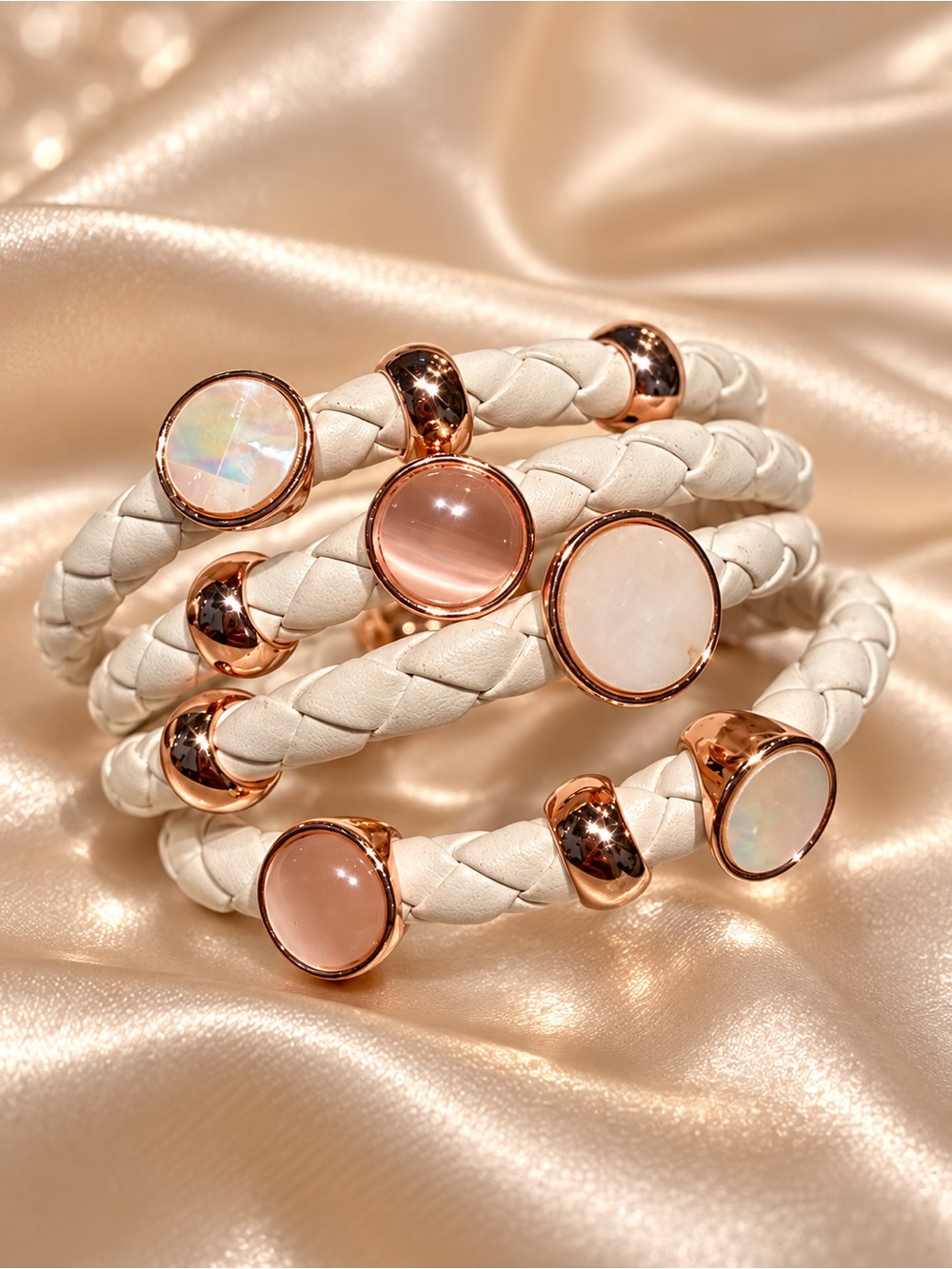 Rose Gold & Ivory Braided Leather Bracelet